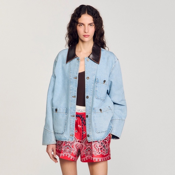 SANDRO DENIM JACKET WITH LEATHER COLLAR FR 34 US 2 - Picture 5 of 8